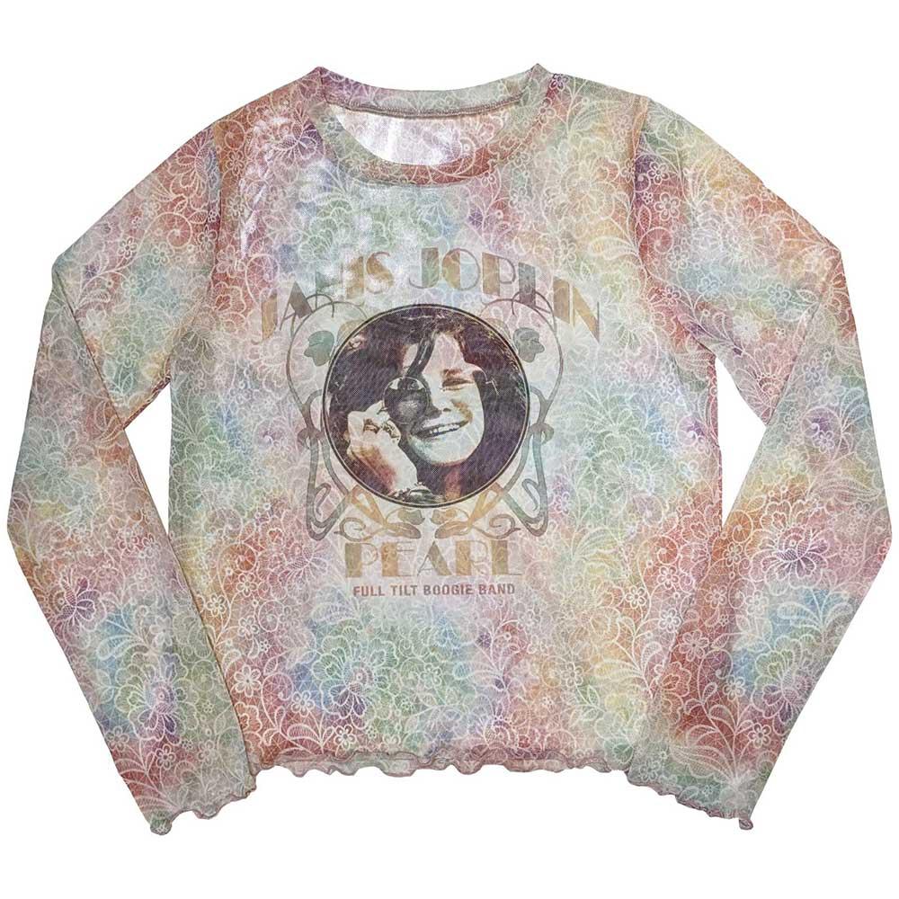 White - Front - Janis Joplin Womens-Ladies Pearl Mesh Long-Sleeved Crop T-Shirt