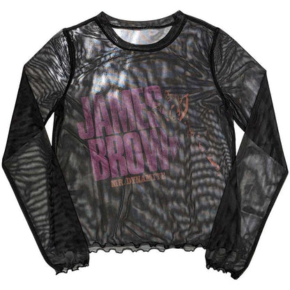 Black - Front - James Brown Womens-Ladies Mr Dynamite Mesh Long-Sleeved Crop Top