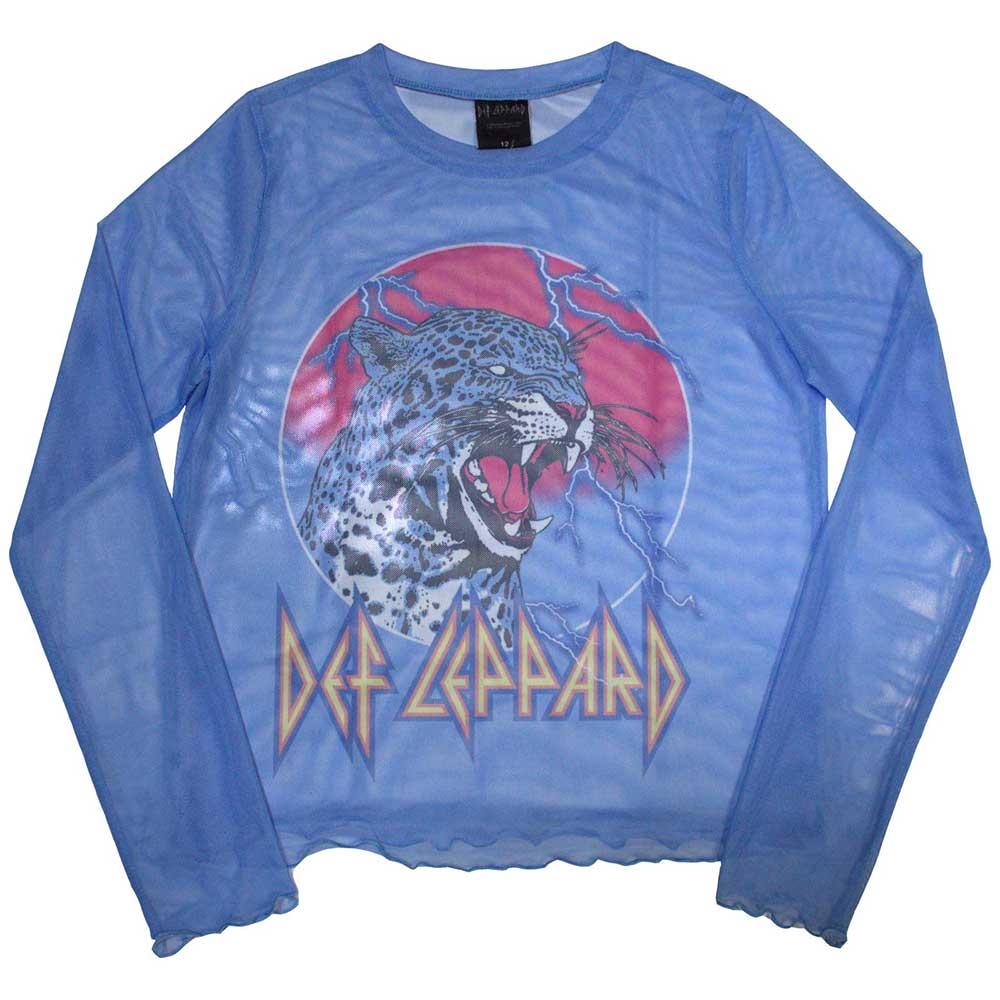 Blue - Front - Def Leppard Womens-Ladies Lightning Leopard Mesh Long-Sleeved Crop Top