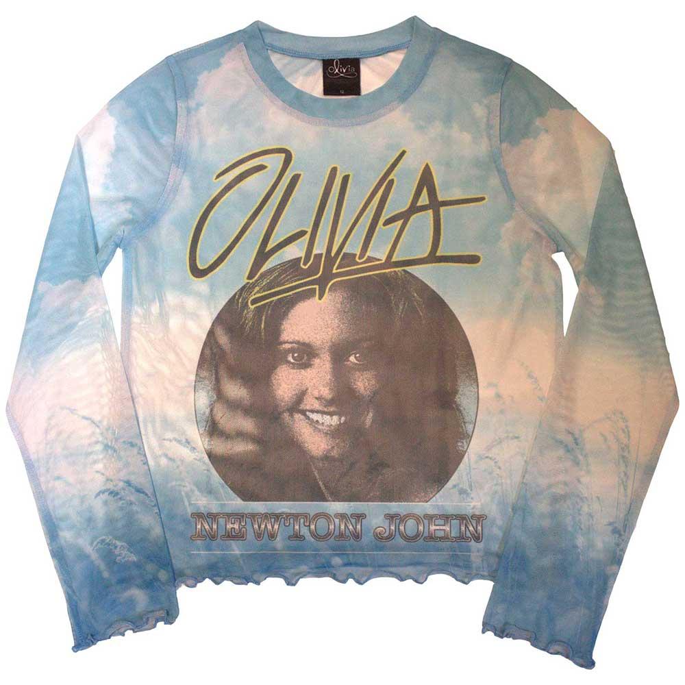 Light Blue - Front - Olivia Newton-John Womens-Ladies Photograph Mesh Long-Sleeved Crop Top