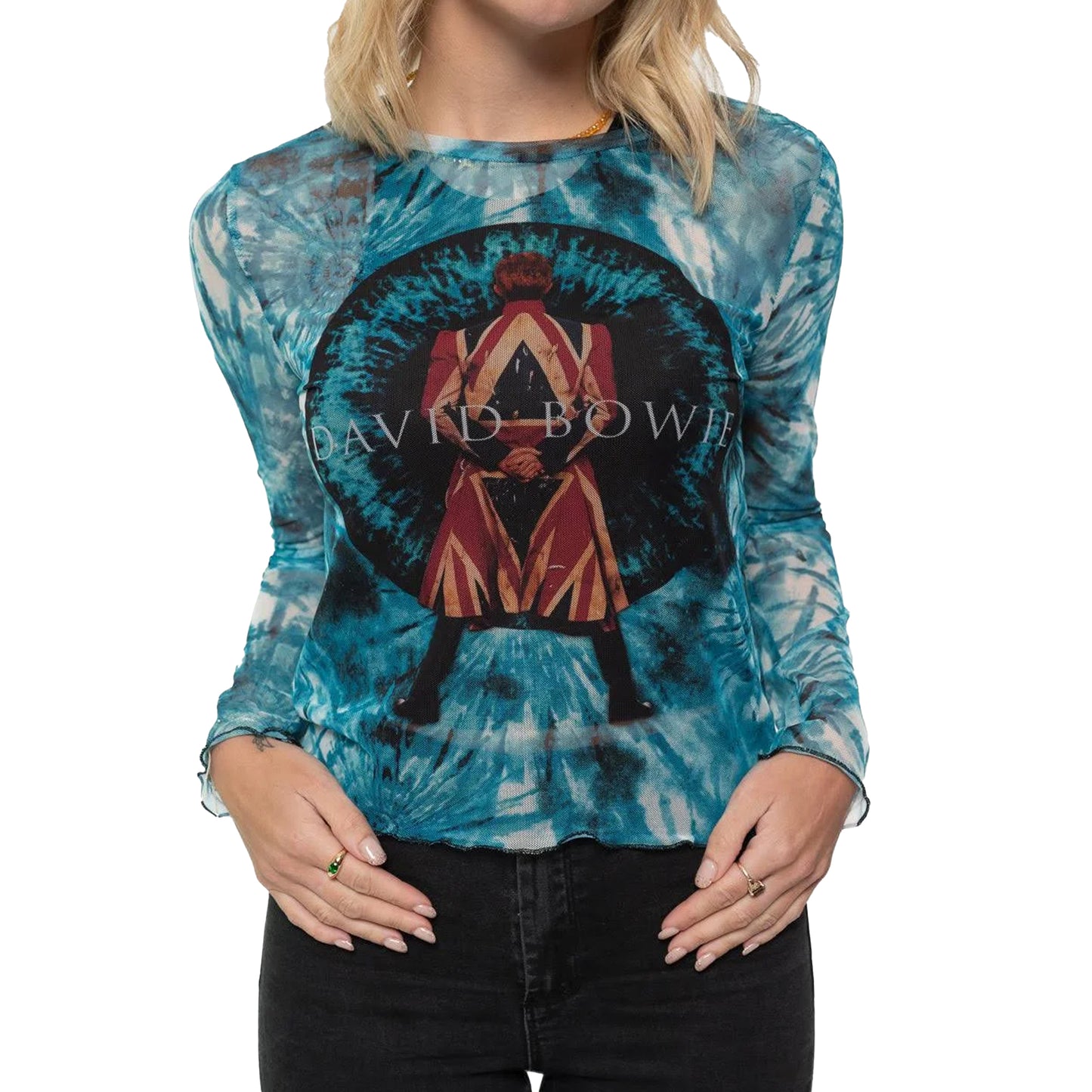 Blue - Back - David Bowie Womens-Ladies Live & Well Mesh Long-Sleeved Crop Top