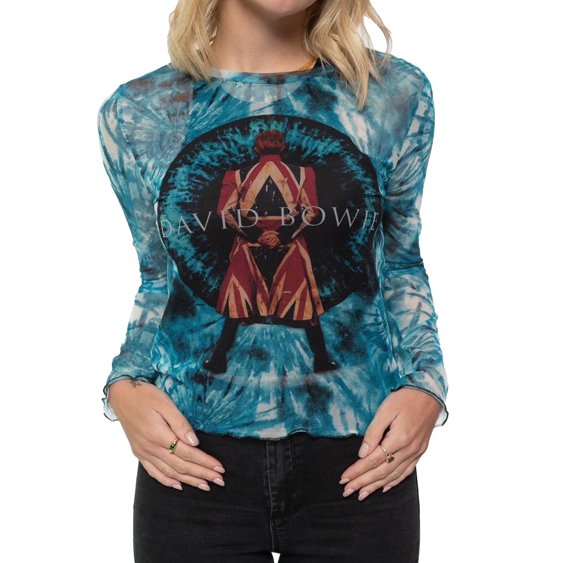 Blue - Back - David Bowie Womens-Ladies Live & Well Mesh Long-Sleeved Crop Top