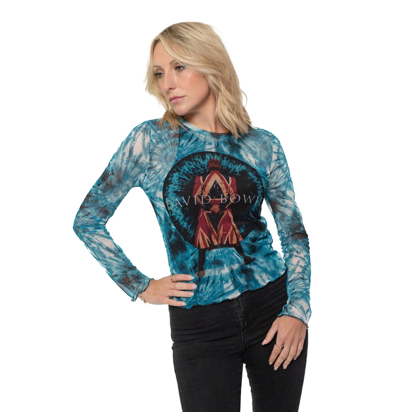 Blue - Side - David Bowie Womens-Ladies Live & Well Mesh Long-Sleeved Crop Top