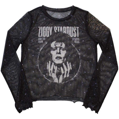 Black - Front - David Bowie Womens-Ladies Ziggy V1 Mesh Long-Sleeved Crop Top