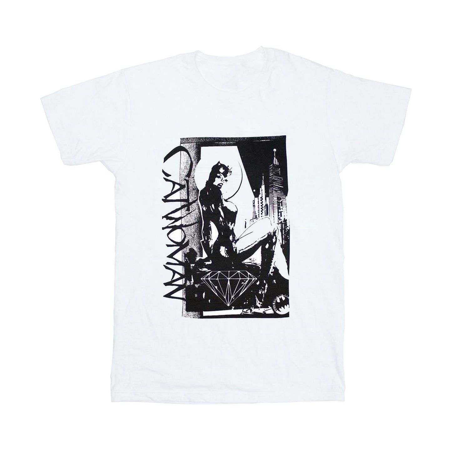 White - Front - Batman Unisex Adult Catwoman Skyline T-Shirt