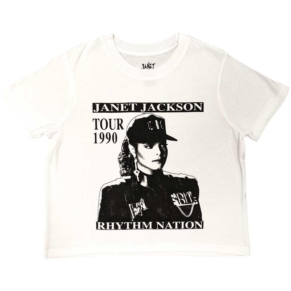 White - Front - Janet Jackson Womens-Ladies Rhythm Nation Crop Top