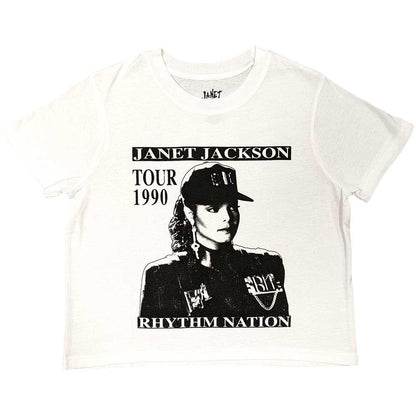 White - Front - Janet Jackson Womens-Ladies Rhythm Nation Crop Top