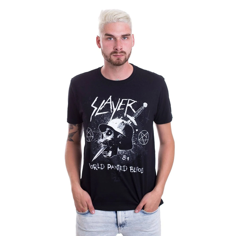 Black - Back - Slayer Unisex Adult World Painted Blood Dagger Skull T-Shirt