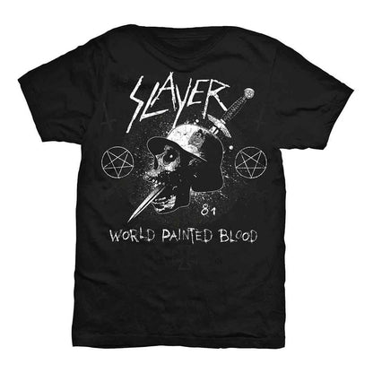 Black - Front - Slayer Unisex Adult World Painted Blood Dagger Skull T-Shirt