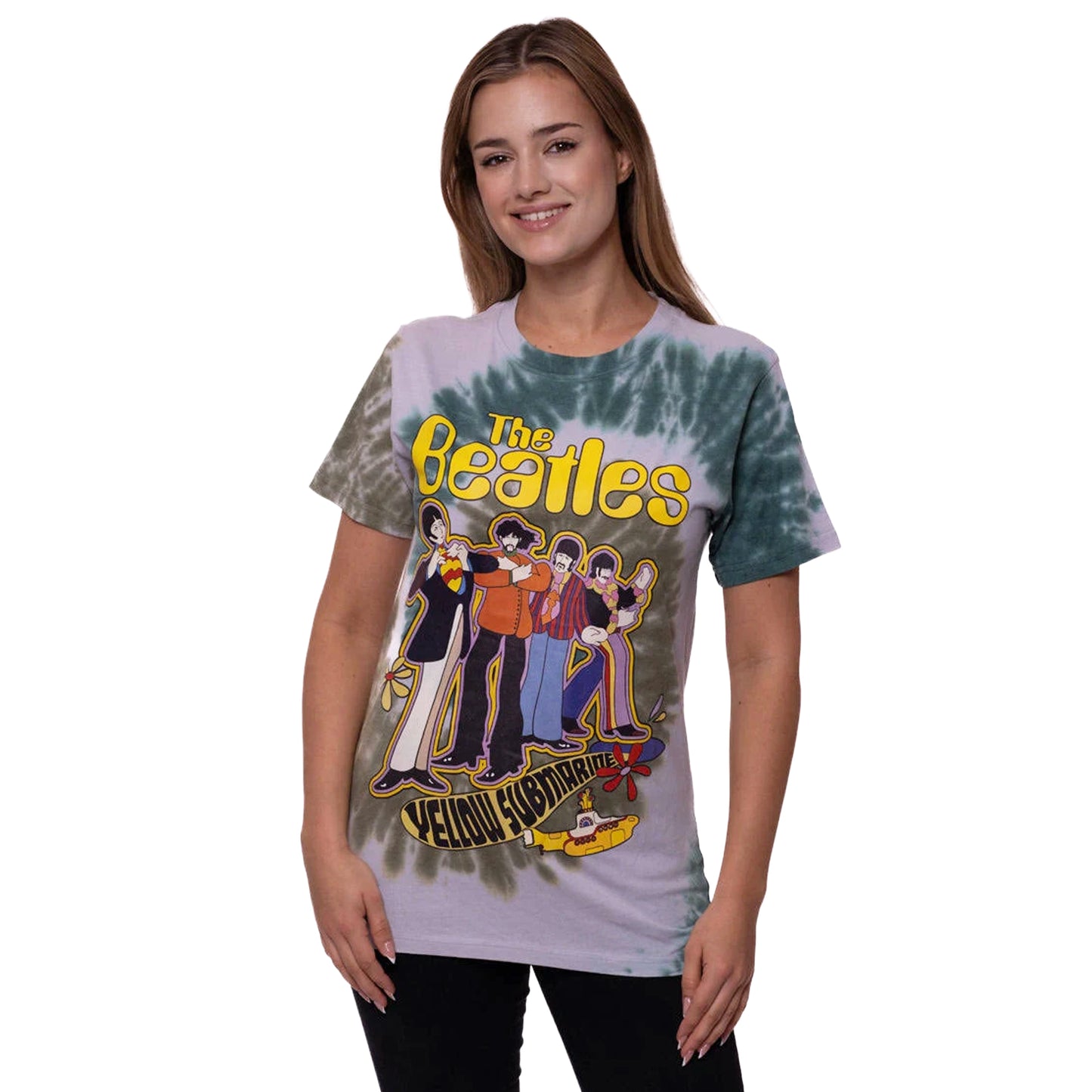 Grey-Green - Side - The Beatles Unisex Adult Yellow Submarine Band In Line Washed T-Shirt