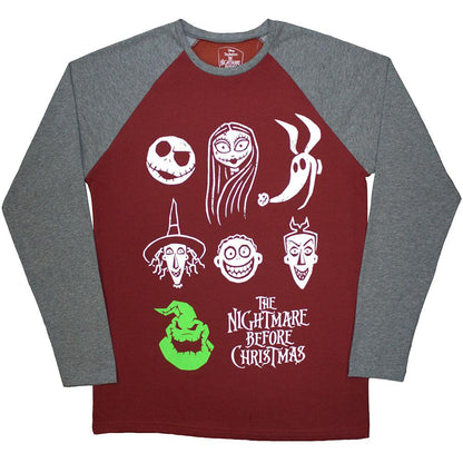 Maroon Red-Grey - Front - The Nightmare Before Christmas Unisex Adult Faces Raglan Long-Sleeved T-Shirt