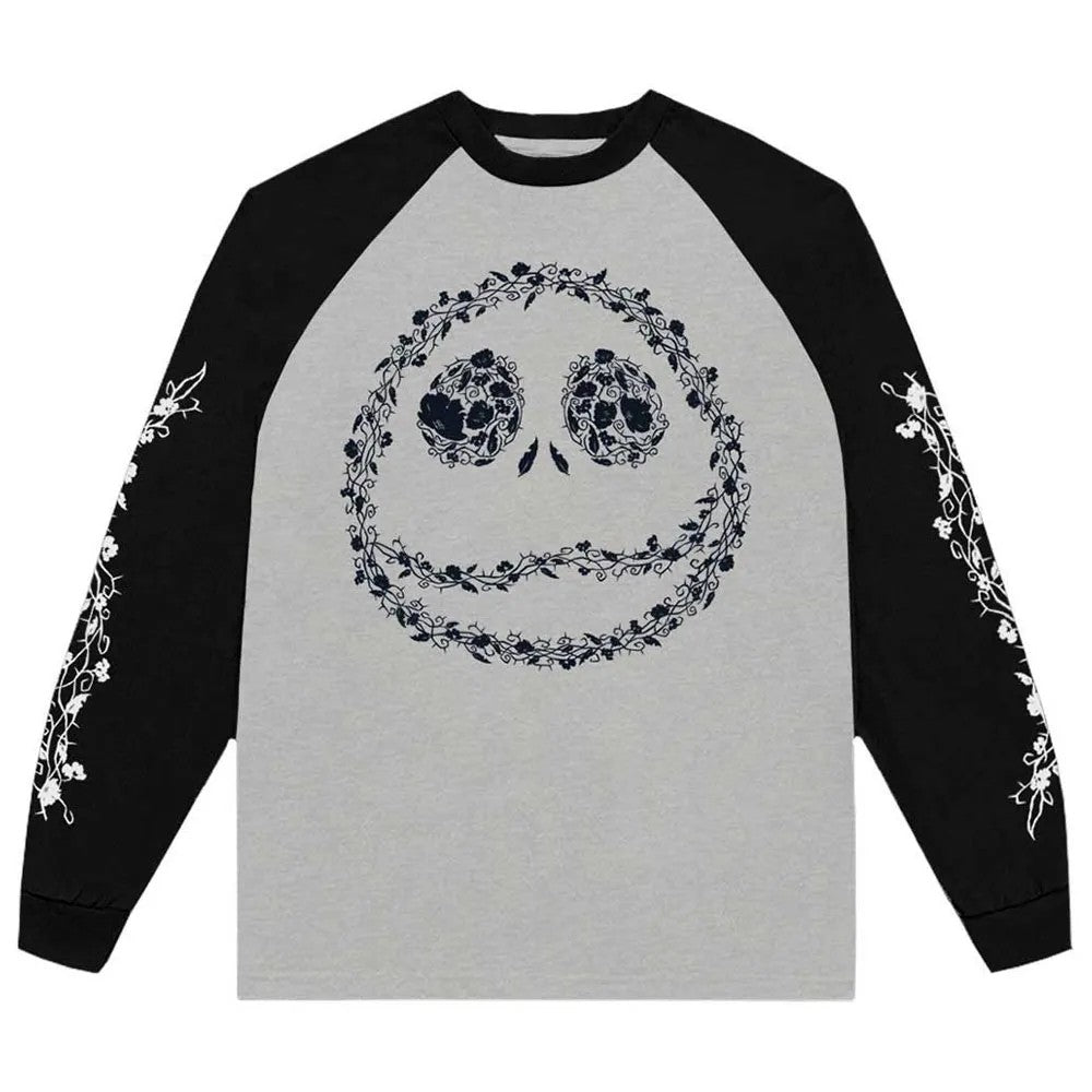 Black-Grey - Back - The Nightmare Before Christmas Unisex Adult Jack Skellington Floral Logo Raglan T-Shirt