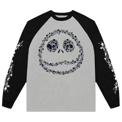 Black-Grey - Back - The Nightmare Before Christmas Unisex Adult Jack Skellington Floral Logo Raglan T-Shirt