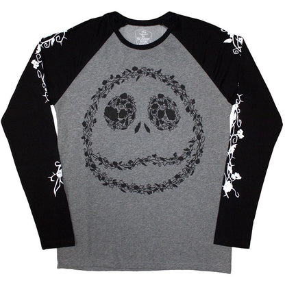 Black-Grey - Front - The Nightmare Before Christmas Unisex Adult Jack Skellington Floral Logo Raglan T-Shirt