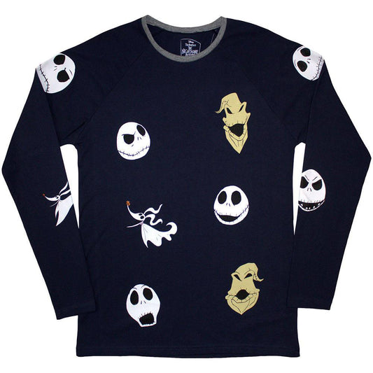 Navy Blue - Front - The Nightmare Before Christmas Unisex Adult Character Heads Embroidered Long-Sleeved T-Shirt