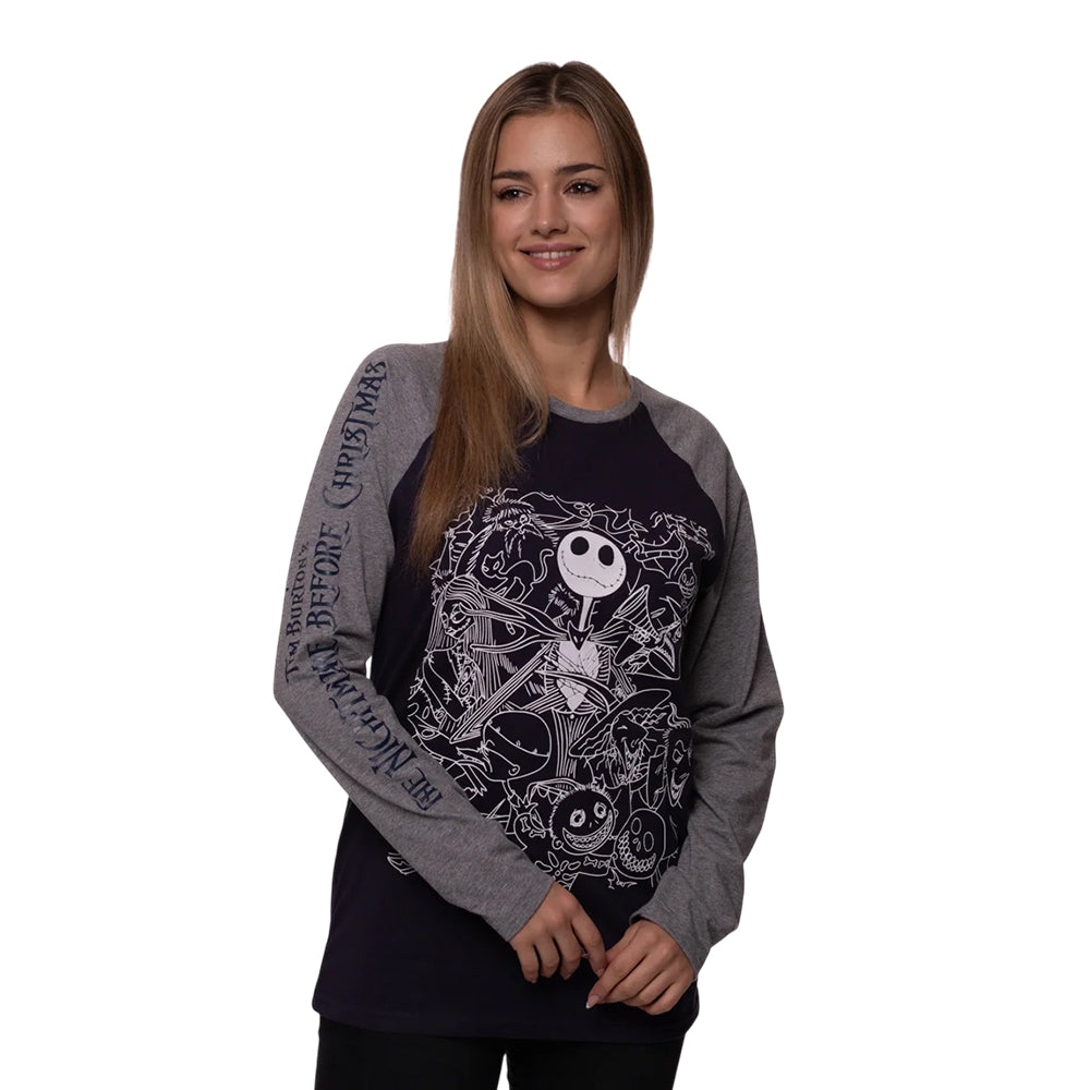 Navy Blue-Grey - Side - Nightmare Before Christmas Unisex Adult Jack Crowd Long-Sleeved T-Shirt