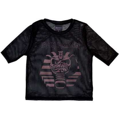 Black - Front - Iron Maiden Womens-Ladies Powerslave Mummy Mesh Crop Top