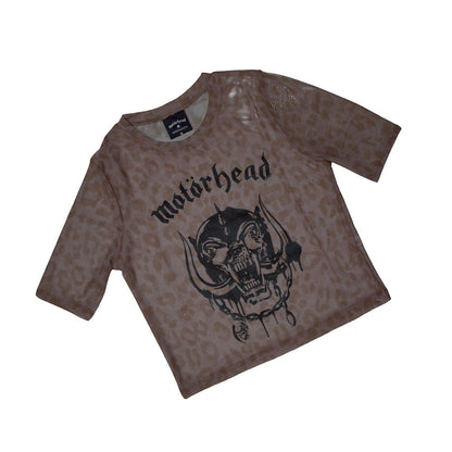 Brown-Black - Back - Motorhead Womens-Ladies War Pig Mesh Crop Top