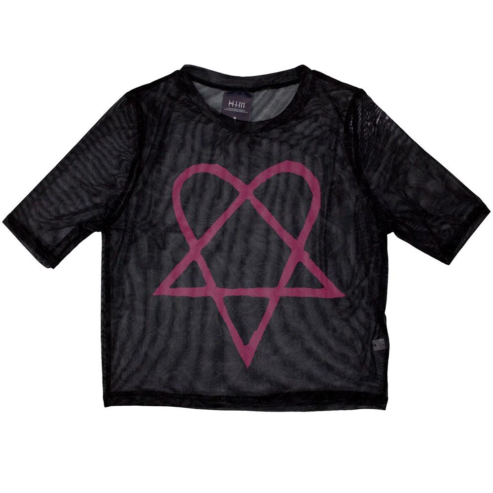 Black-Pink - Front - Him Womens-Ladies Heartagram Mesh Crop Top