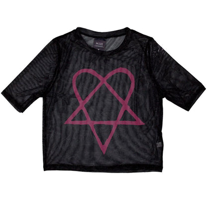 Black-Pink - Front - Him Womens-Ladies Heartagram Mesh Crop Top