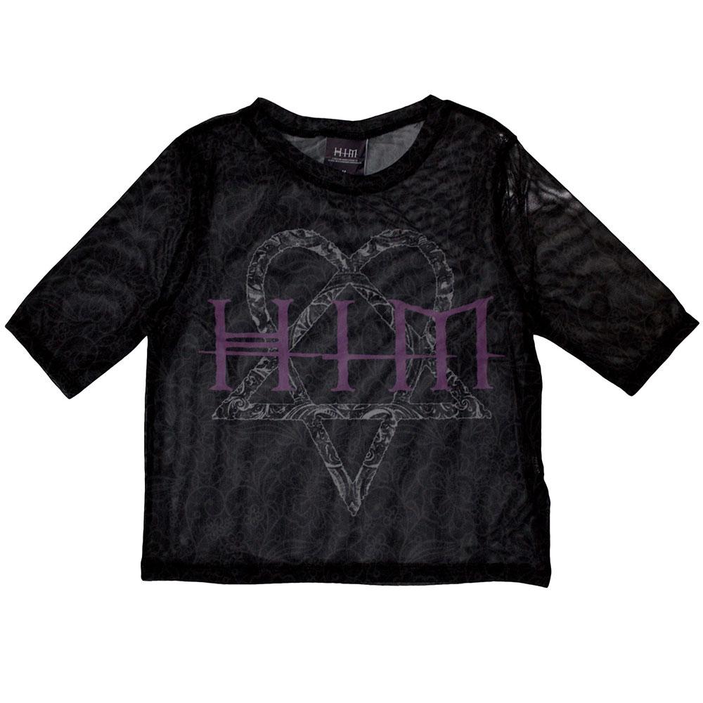 Black - Front - Him Womens-Ladies Heartagram & Logo Mesh Crop Top