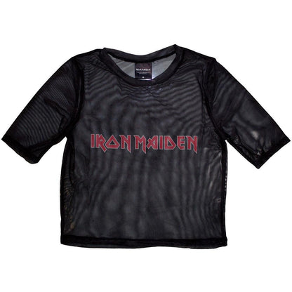 Black - Front - Iron Maiden Womens-Ladies Logo Mesh Crop Top