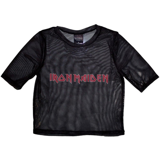 Black - Front - Iron Maiden Womens-Ladies Logo Mesh Crop Top