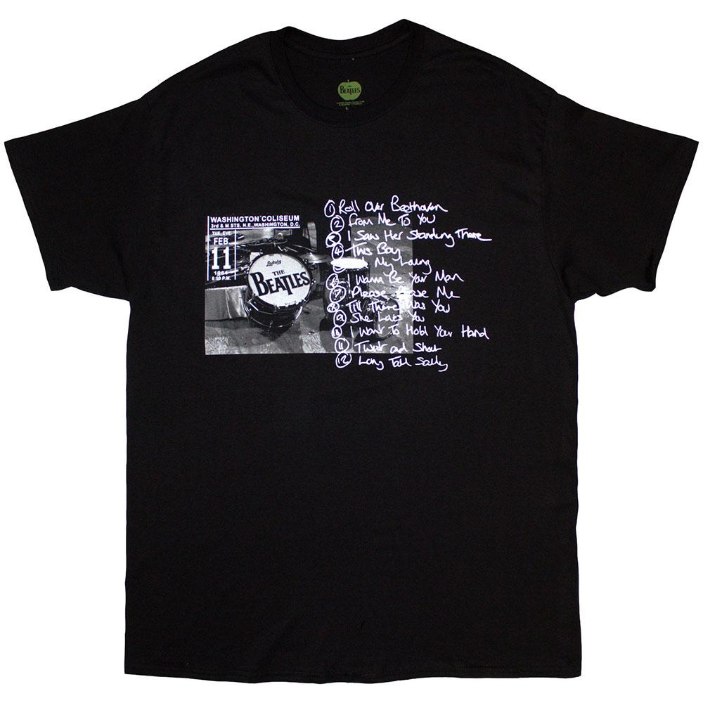Black - Front - The Beatles Unisex Adult Washington Coliseum 64 Drum & Setlist T-Shirt