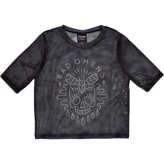 Charcoal Grey - Front - Bad Omens Womens-Ladies Moth Skull Mesh Crop Top