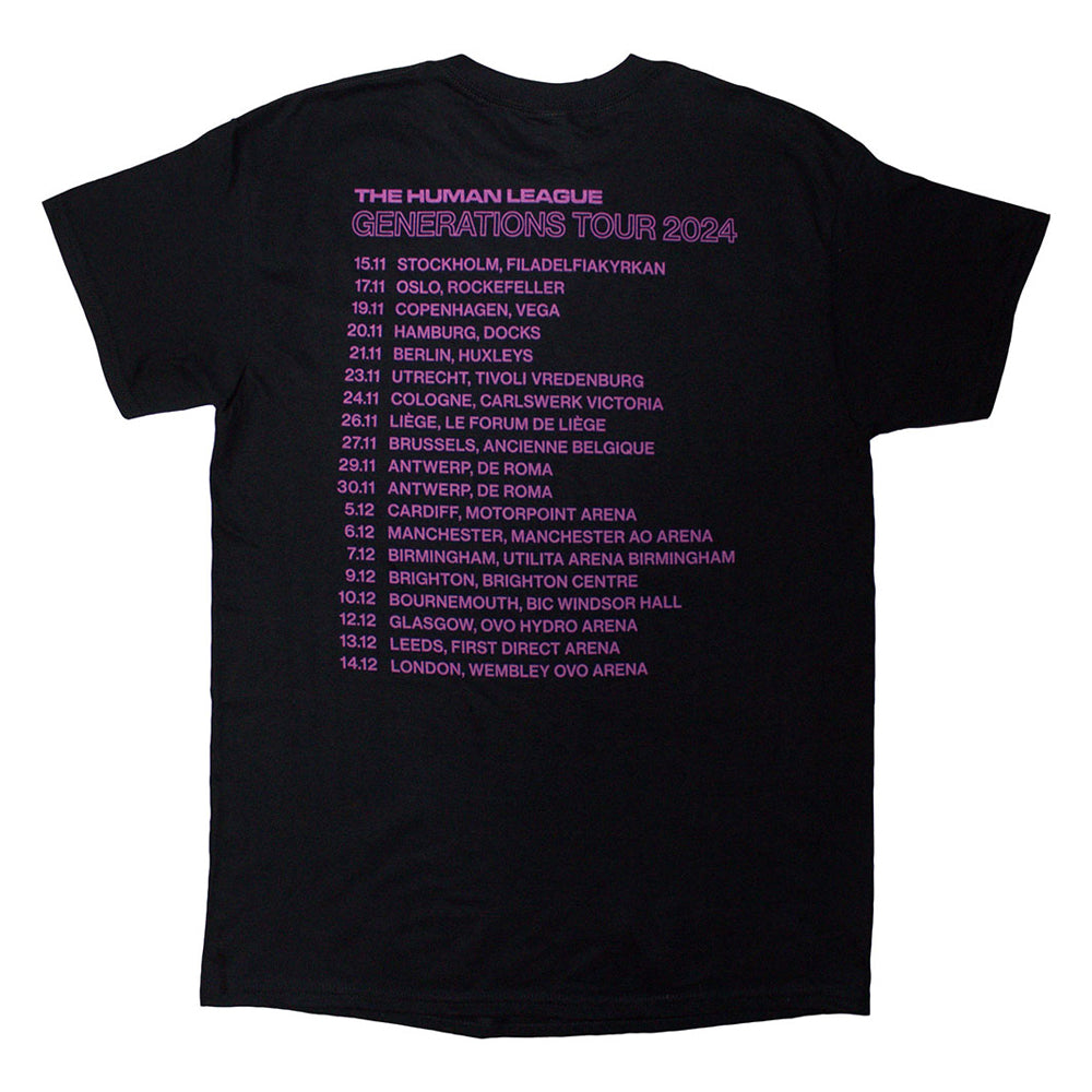Black - Back - The Human League Unisex Adult Generations Tour 24 Text T-Shirt