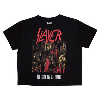 Black - Front - Slayer Womens-Ladies Reign In Blood Crop Top