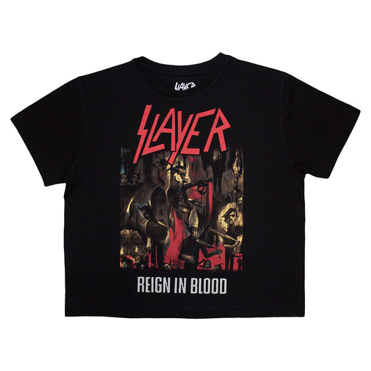 Black - Front - Slayer Womens-Ladies Reign In Blood Crop Top