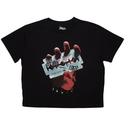 Black - Front - Judas Priest Womens-Ladies British Steel Crop Top