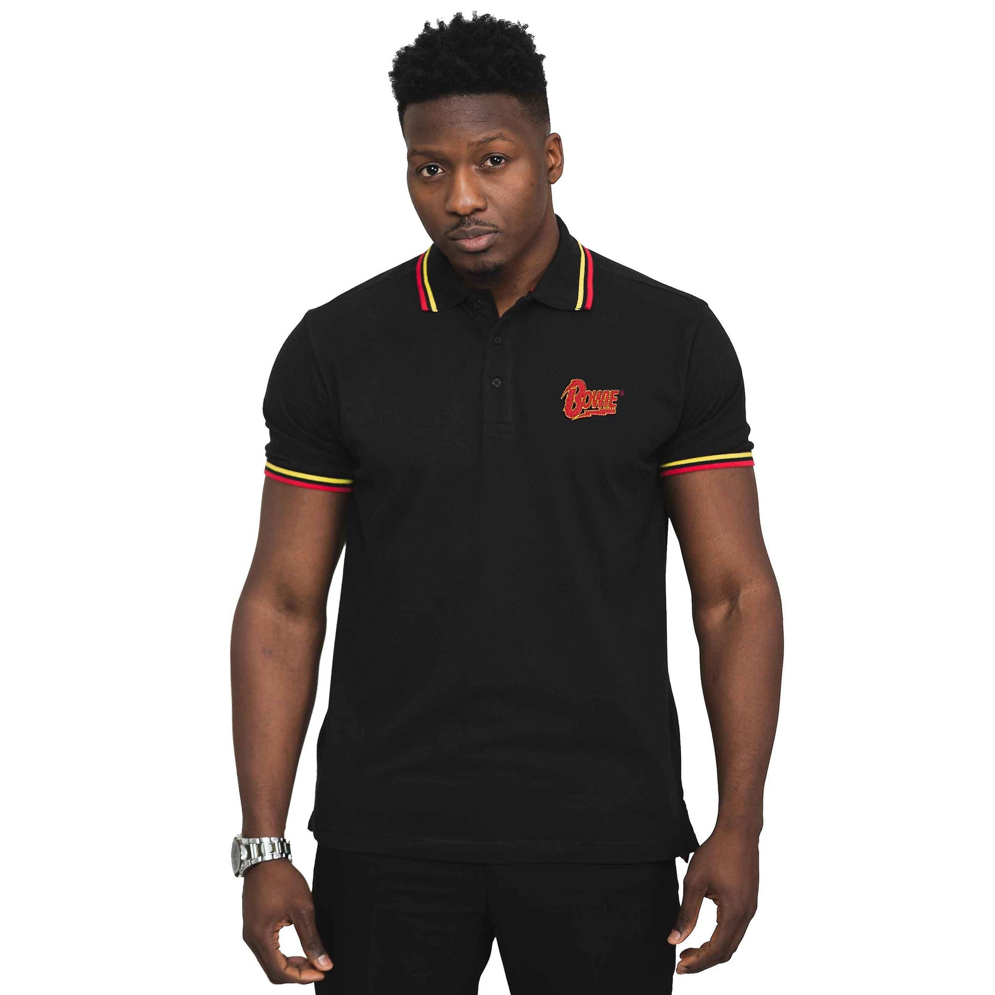 Black - Front - David Bowie Unisex Adult Flash Logo Polo Shirt