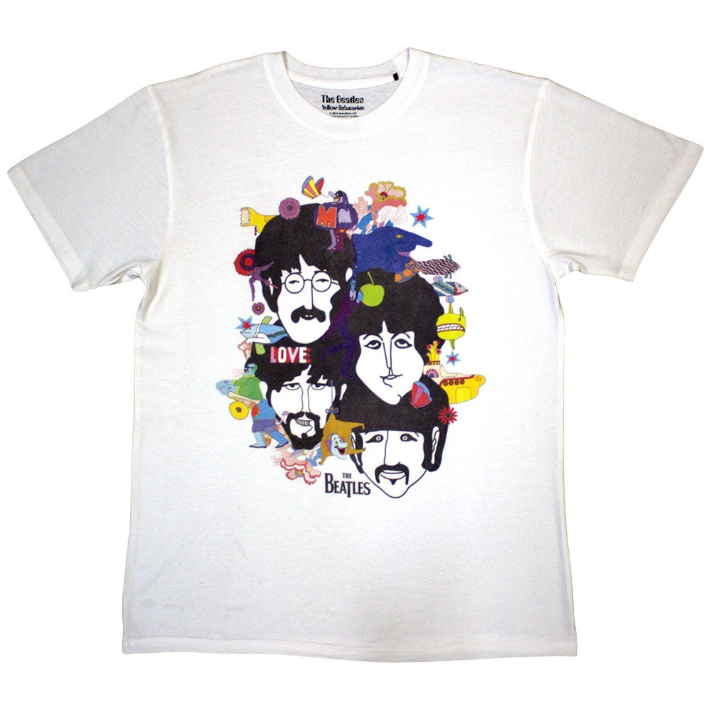 White - Front - The Beatles Unisex Adult Yellow Submarine Heads Collage Back Print T-Shirt
