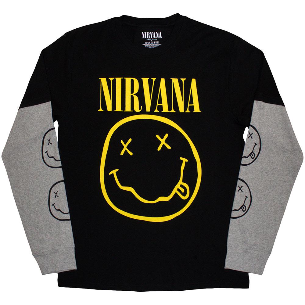 Black-Grey - Front - Nirvana Unisex Adult Happy Face Layered Long-Sleeved T-Shirt