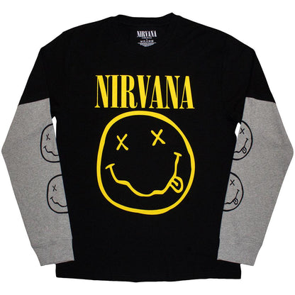 Black-Grey - Front - Nirvana Unisex Adult Happy Face Layered Long-Sleeved T-Shirt