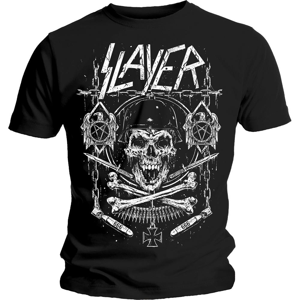 Black - Front - Slayer Unisex Adult Revised Skull And Crossbones T-Shirt
