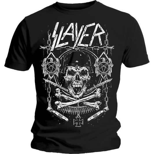 Black - Front - Slayer Unisex Adult Revised Skull And Crossbones T-Shirt