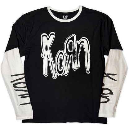 Black-White - Front - Korn Unisex Adult Logo Metallic Layered Long-Sleeved T-Shirt