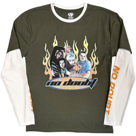 Green-White - Front - No Doubt Unisex Adult Flames Layered Long-Sleeved T-Shirt