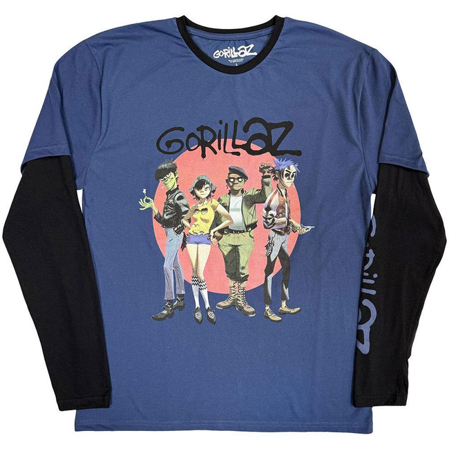 Denim Blue-Black - Front - Gorillaz Unisex Adult Group Circle Layered Long-Sleeved T-Shirt