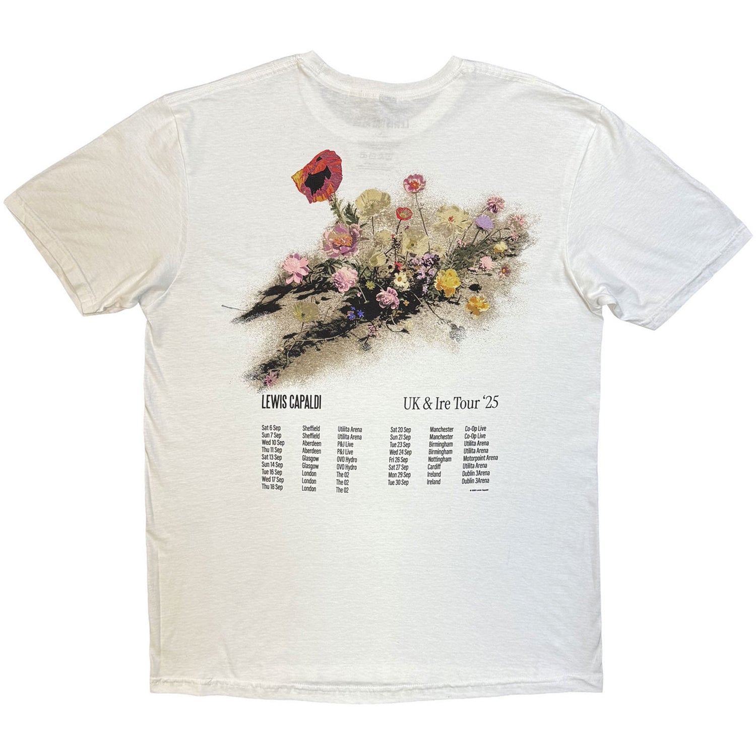 White - Back - Lewis Capaldi Unisex Adult UK Tour ´25 Flowers Back Print T-Shirt