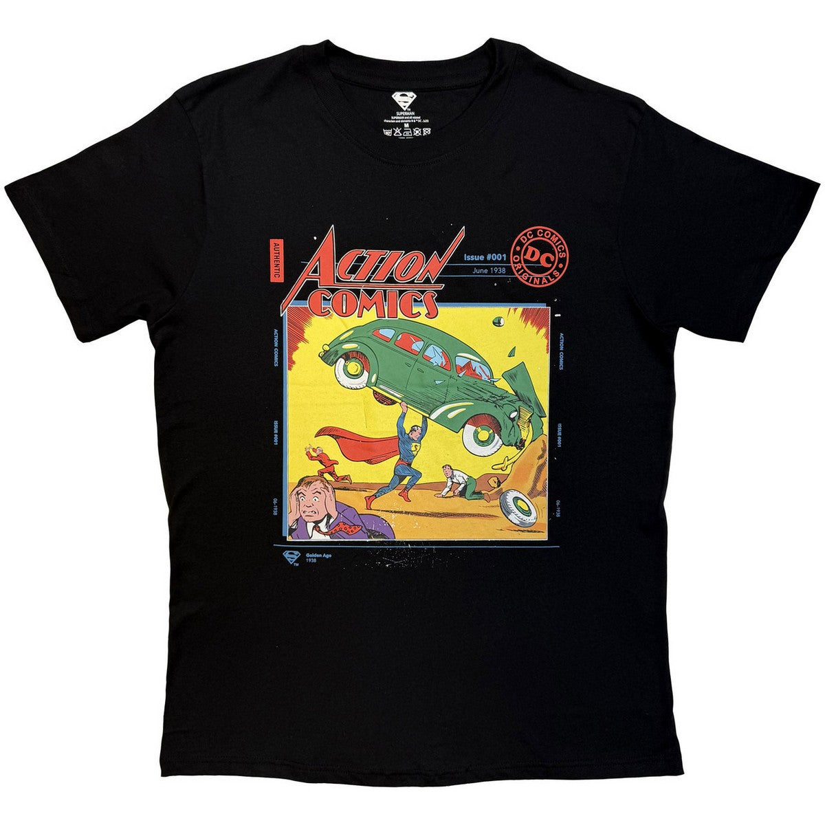 Black - Front - Superman Unisex Adult Action Comics Car T-Shirt