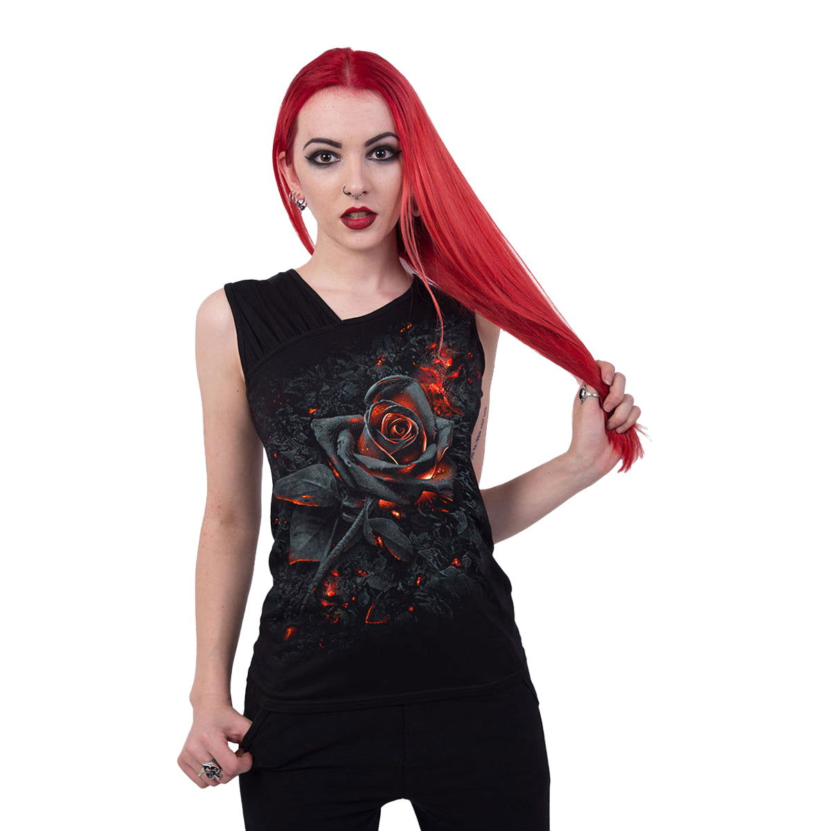 Black - Back - Spiral Womens-Ladies Burnt Rose Gathered Shoulder Vest Top