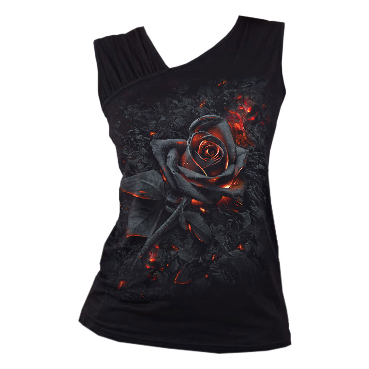 Black - Front - Spiral Womens-Ladies Burnt Rose Gathered Shoulder Vest Top