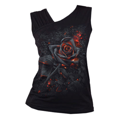 Black - Front - Spiral Womens-Ladies Burnt Rose Gathered Shoulder Vest Top