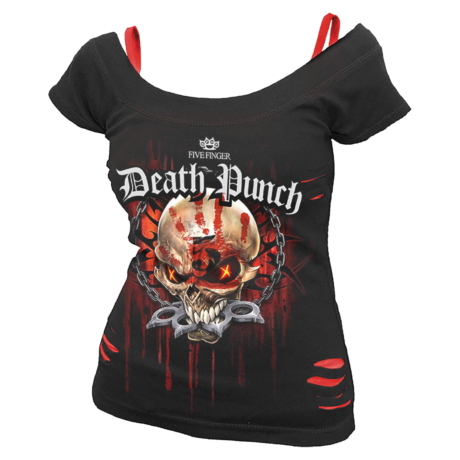 Black-Red - Front - Five Finger Death Punch Womens-Ladies Assassin 2 in 1 Ripped T-Shirt