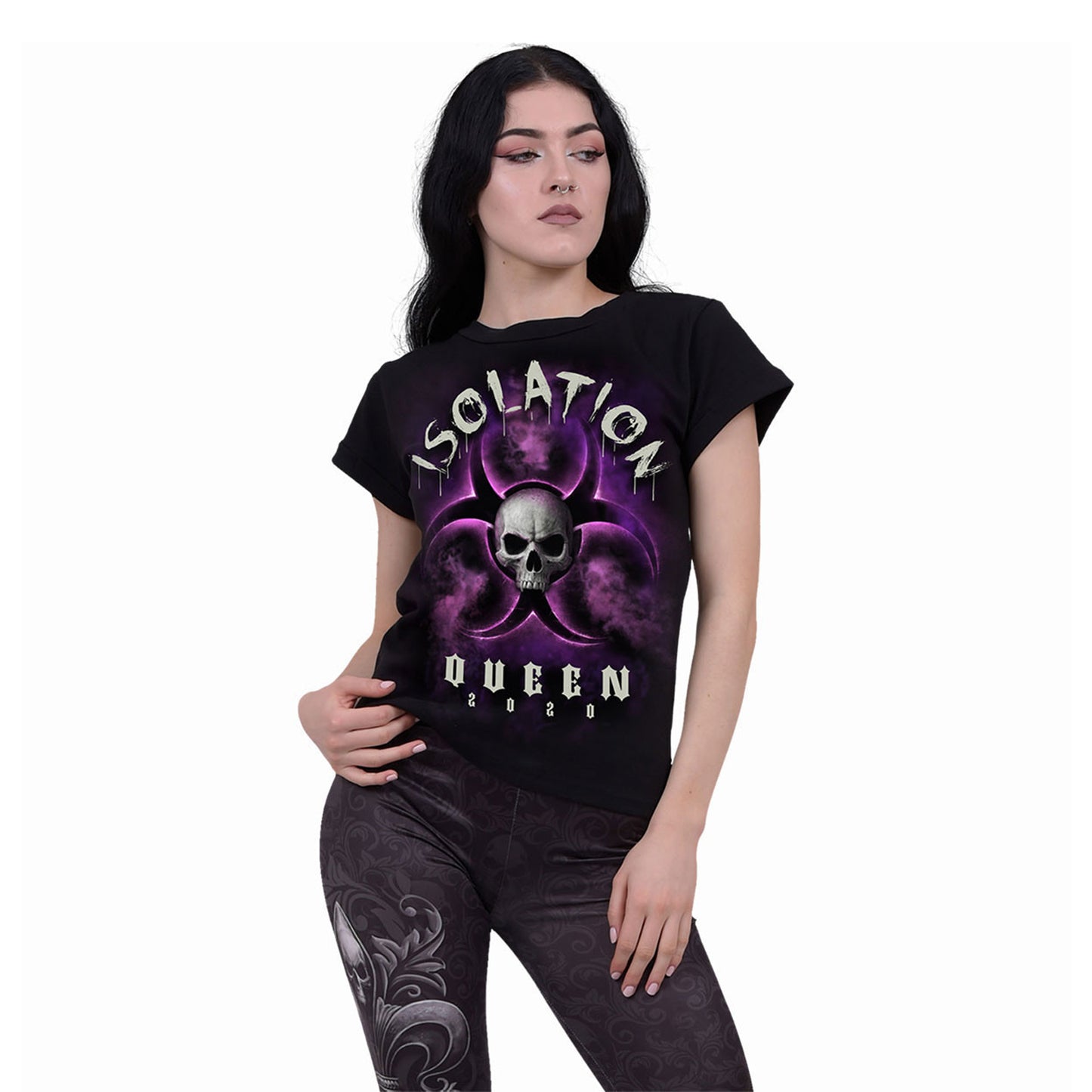 Black - Back - Spiral Womens-Ladies Isolation Queen Boat Neck Capped Sleeved T-Shirt