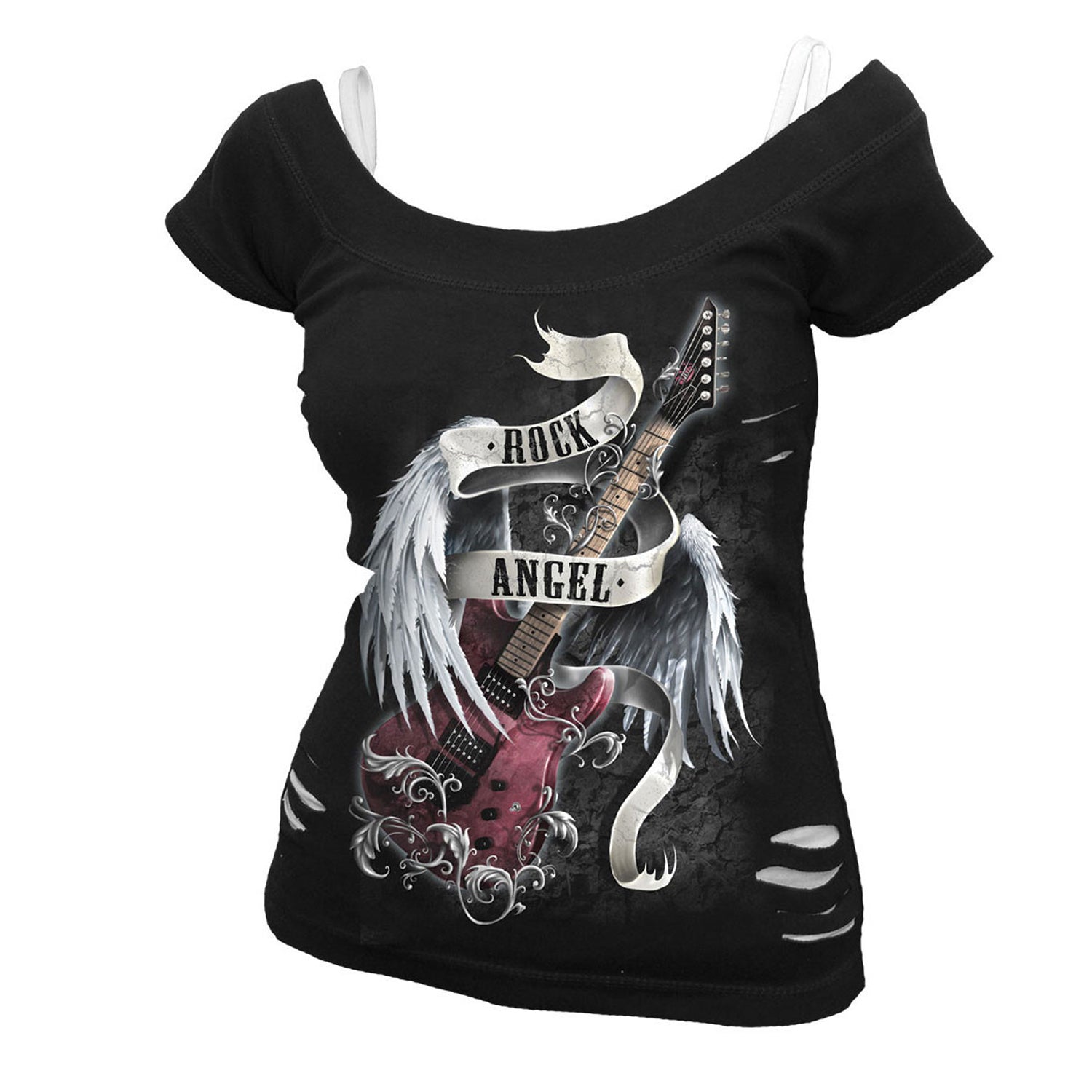 Black-White - Front - Spiral Direct Womens-Ladies Rock Angel 2 in 1 T-Shirt